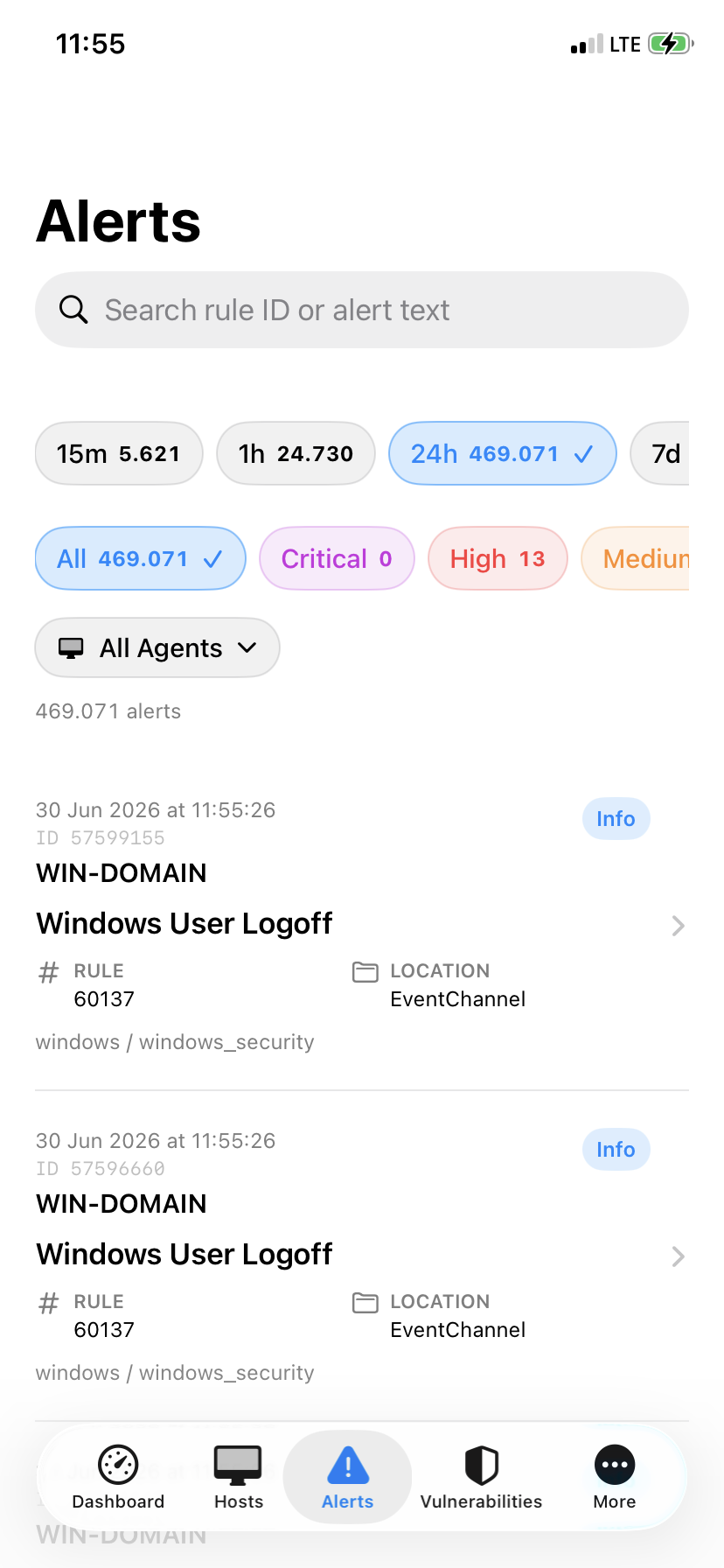 Gozuh alerts screen with search, time range filters, severity filters, and alert rows.